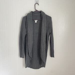 Garnet Hill Merino Wool Cardigan S/M Gray Ribbed Open Front Sweater